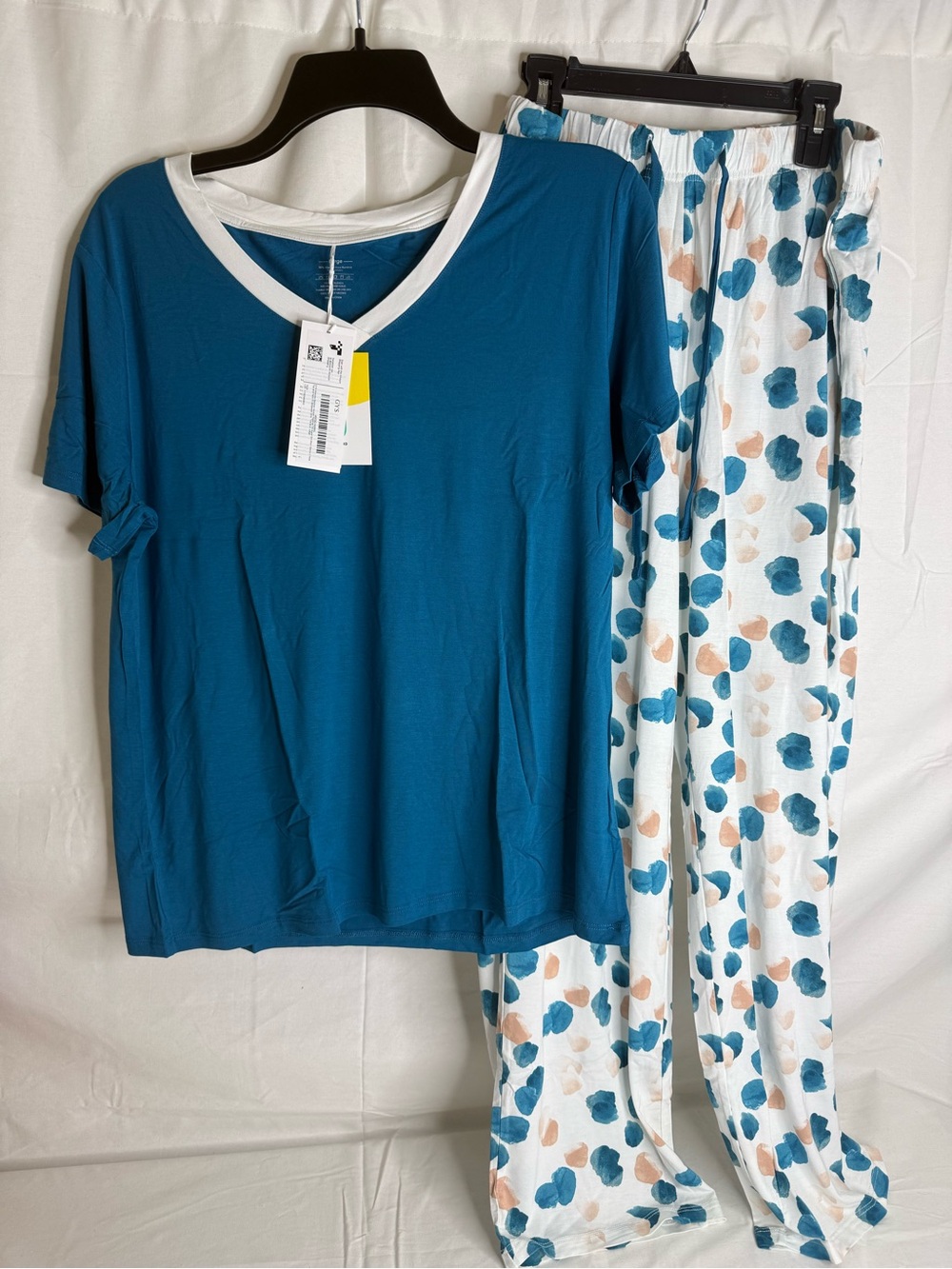 GYS Women’s L 2-Piece Pajama Set V-Neck Short Sleeve Drawstring Blue/White